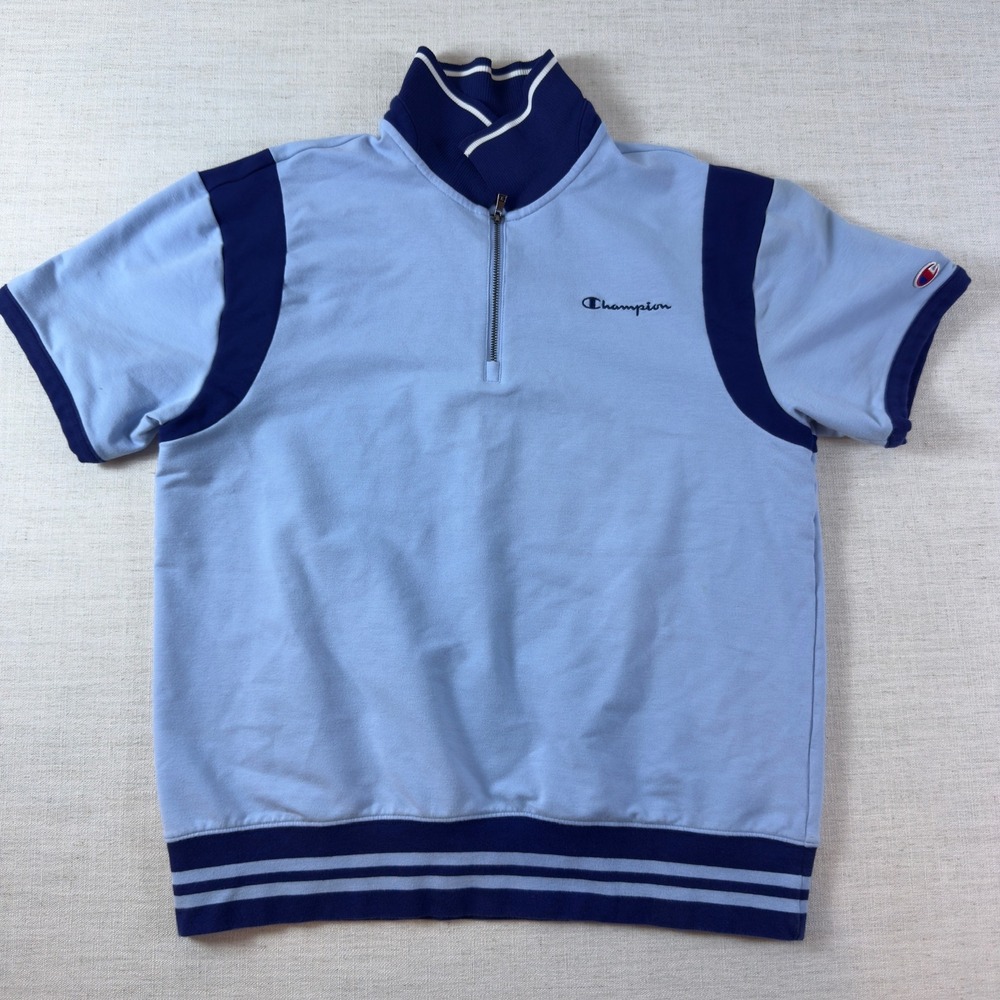 Champion Mens M Colorblock Short Sleeve Quarter Zip Sweatshirt Blue Mock Neck